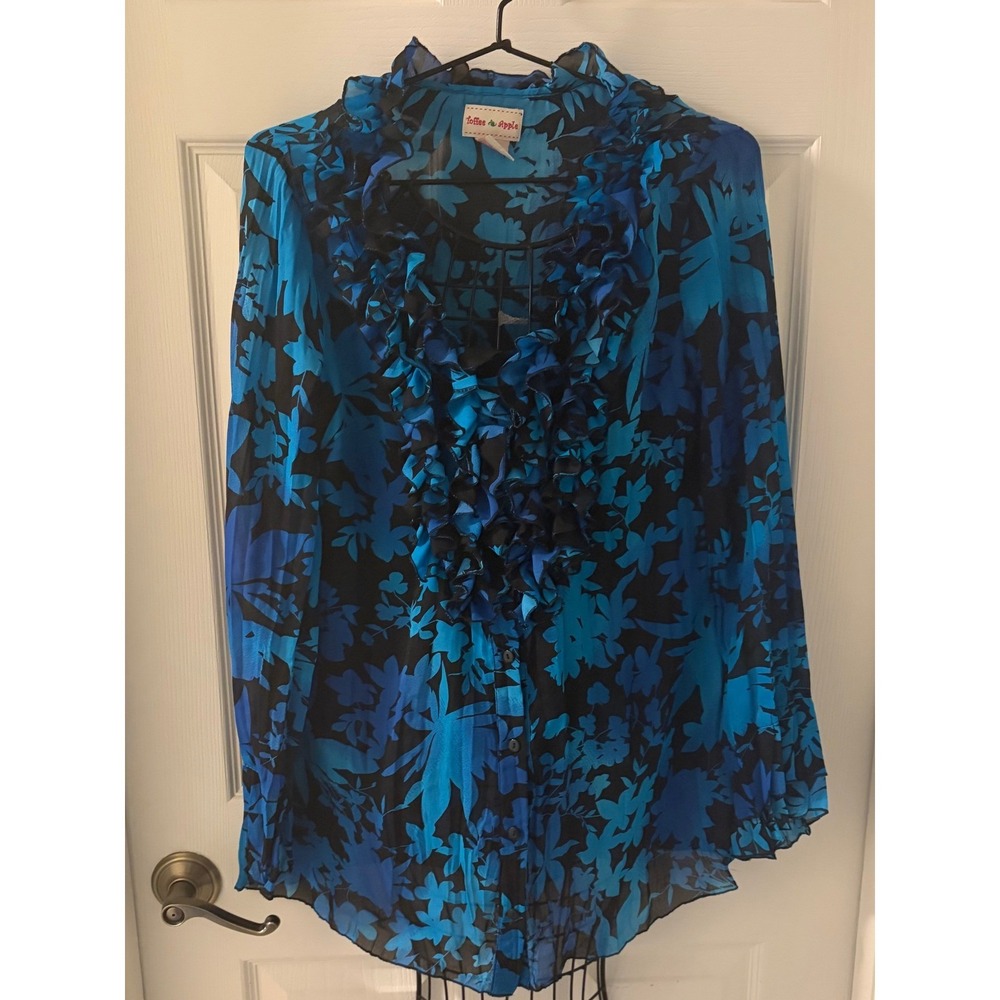 Toffee Apple Women's Large Blue Black Floral Ruffle Long Sleeve Tunic Top
